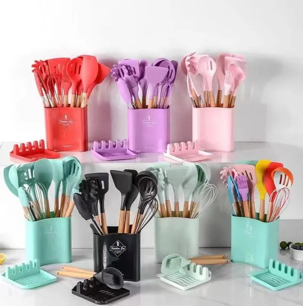BS-93 13Pcs Silicone Cooking Set w/ Wodden Handle