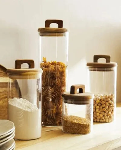 BRT039 Acacia Wood Glass Storage Jar