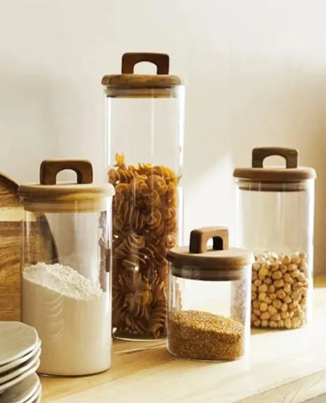 BRT040  Acacia Wood Glass Storage Jar